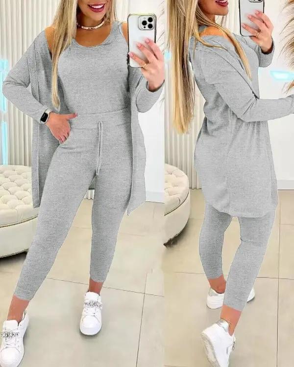 Women's Crewneck Tank, Drawstring Pants and Jacket Set – Bree – Gray