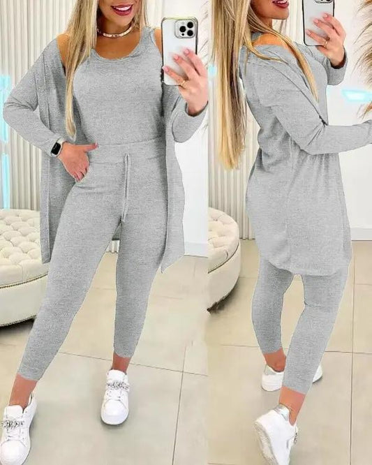 Women's Crewneck Tank, Drawstring Pants and Jacket Set – Bree – Gray