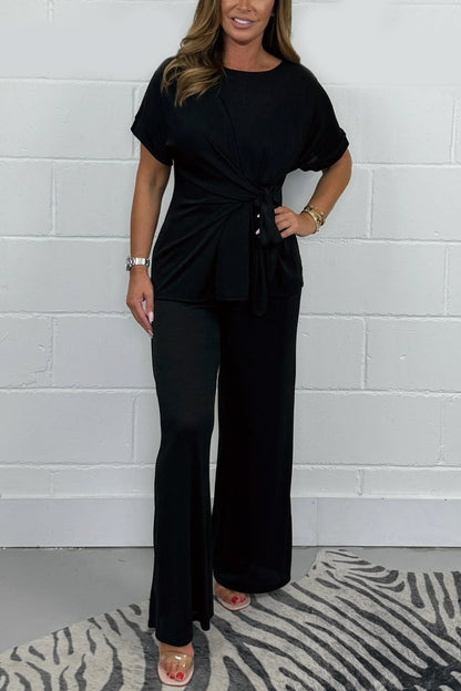 Women's Tie-Front Top and Co-Ord Lounge Pants Set – Adele – Black