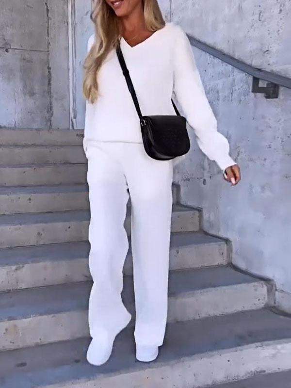 Women's Two-Piece Solid V-Neck Top and Pants Set – Antonia – White