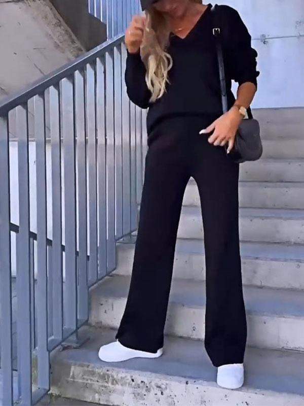 Women's Two-Piece Solid V-Neck Top and Pants Set – Antonia – view 4