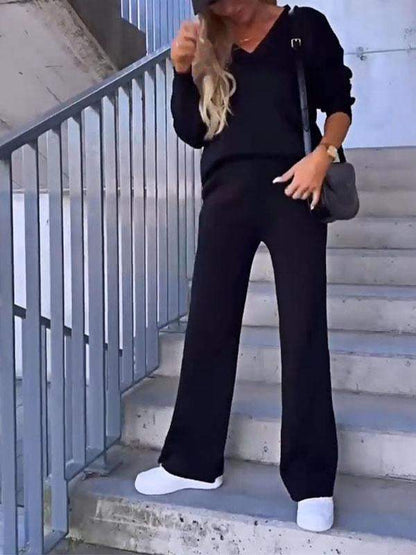 Women's Two-Piece Solid V-Neck Top and Pants Set – Antonia – view 4