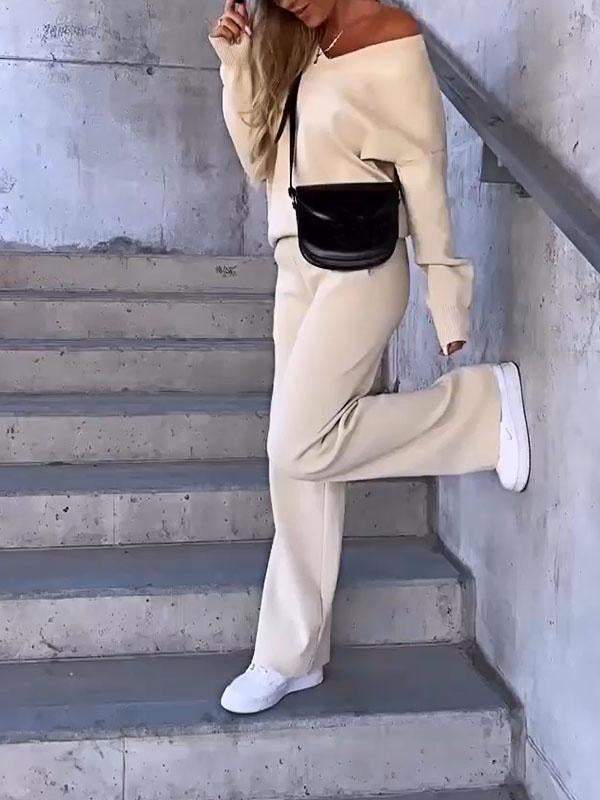 Women's Two-Piece Solid V-Neck Top and Pants Set – Antonia – view 2