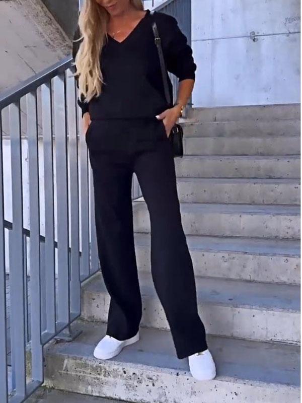 Women's Two-Piece Solid V-Neck Top and Pants Set – Antonia – Black