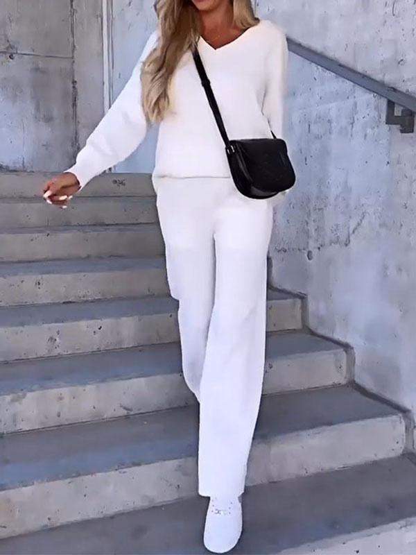 Women's Two-Piece Solid V-Neck Top and Pants Set – Antonia