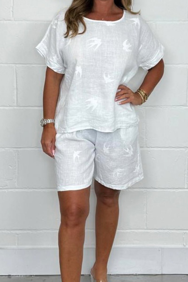 Women's Bird-Print Top and Linen Shorts Set – Constance – White