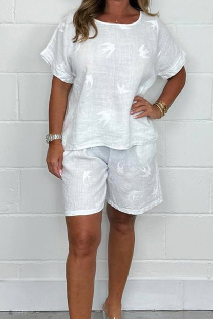 Women's Bird-Print Top and Linen Shorts Set – Constance – White
