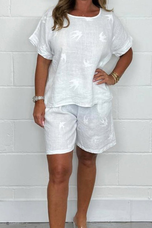 Women's Bird-Print Top and Linen Shorts Set – Constance – White