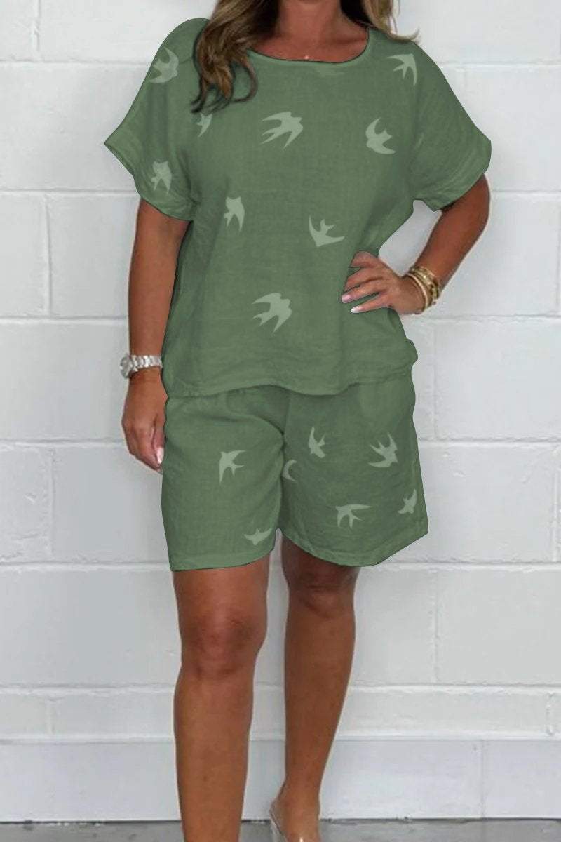 Women's Bird-Print Top and Linen Shorts Set – Constance – Green