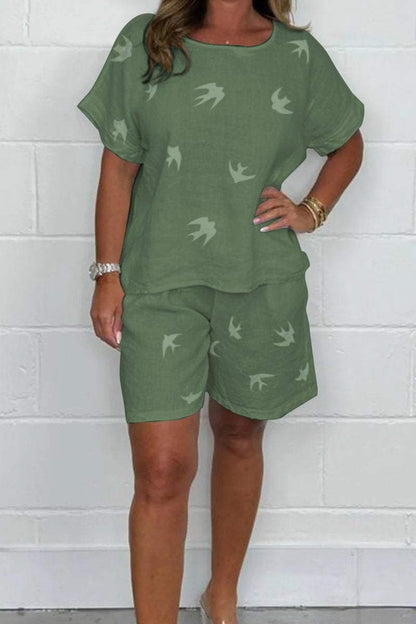 Women's Bird-Print Top and Linen Shorts Set – Constance – Green