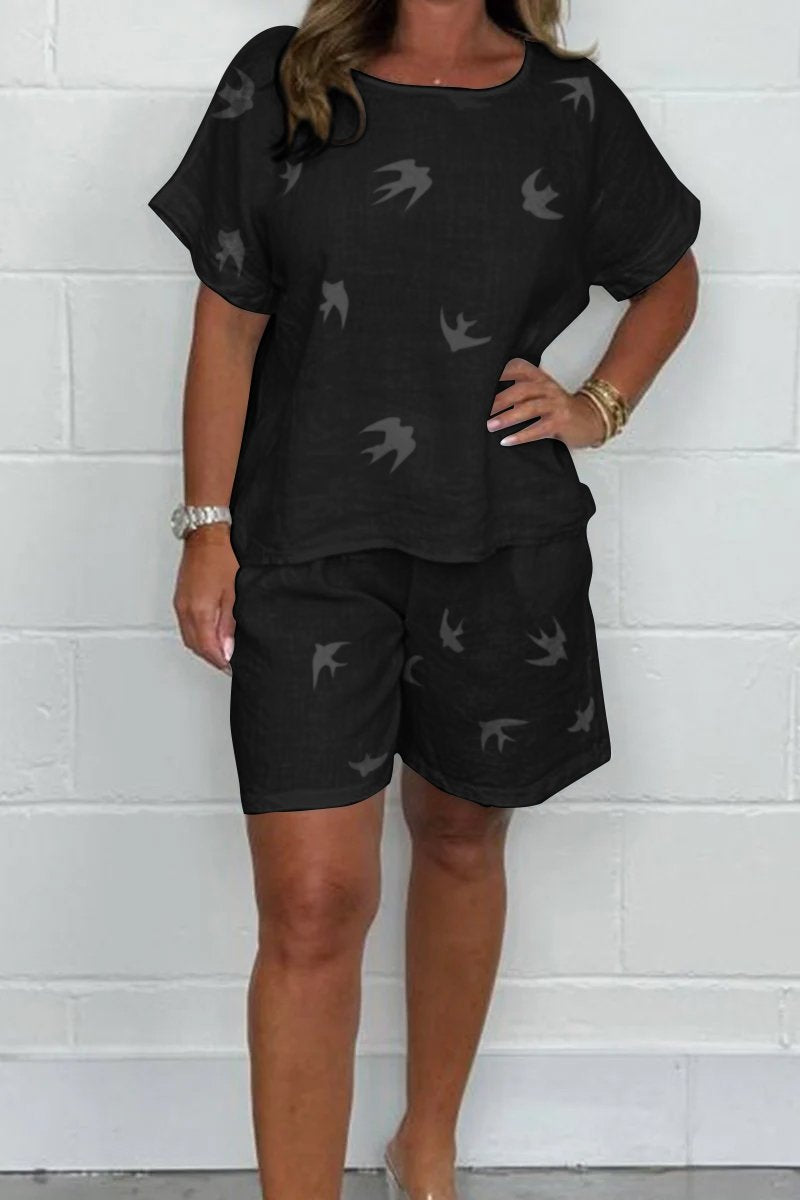 Women's Bird-Print Top and Linen Shorts Set – Constance – Black