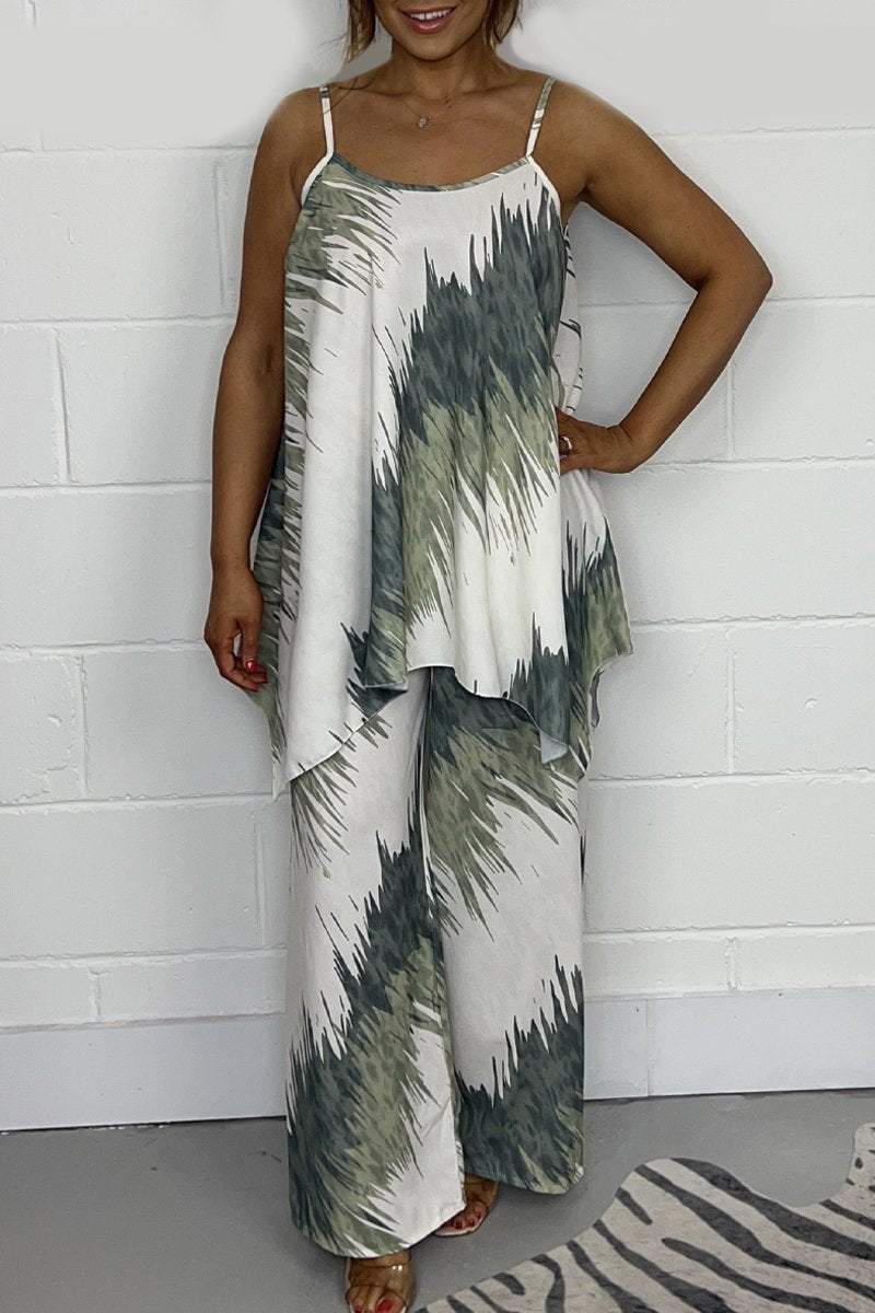 Women's Printed Top and Wide-Leg Pants Set – Kiana – Military Green