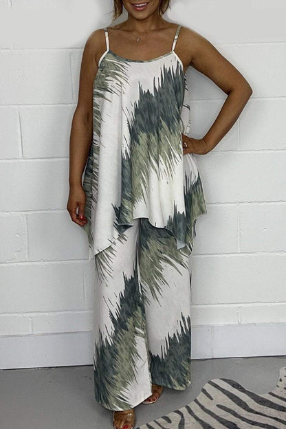 Women's Printed Top and Wide-Leg Pants Set – Kiana – Military Green