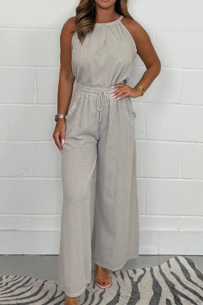Women's Flowy Halter Top with Back Tie and Pants Set – Dulce – Gray
