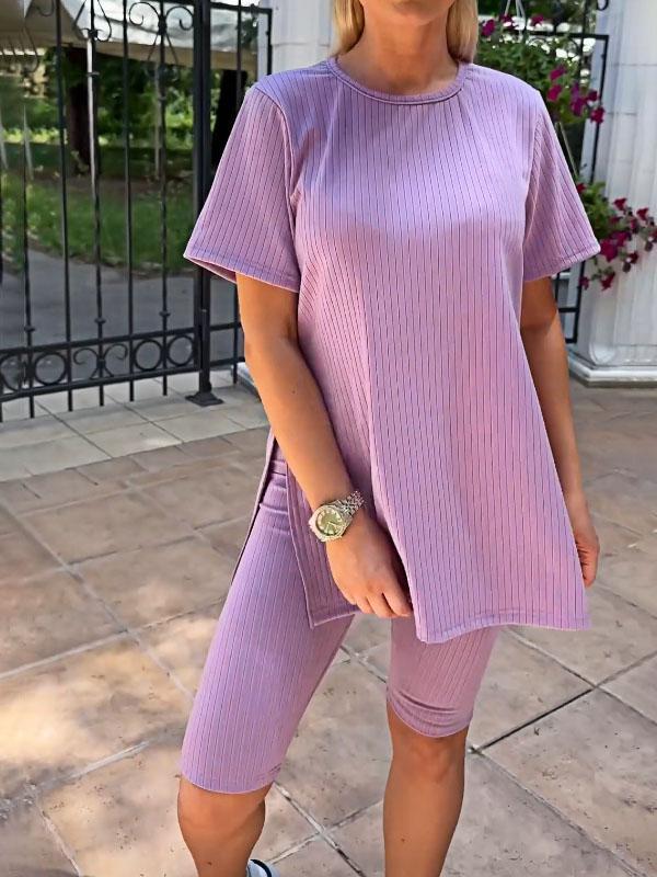 Women's Two-Piece Solid Stretch-Knit Top and Shorts Set – Romilly – Pink Purple