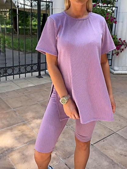 Women's Two-Piece Solid Stretch-Knit Top and Shorts Set – Romilly – Pink Purple