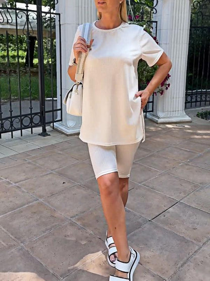 Women's Two-Piece Solid Stretch-Knit Top and Shorts Set – Romilly – Beige