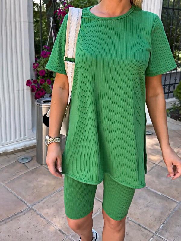 Women's Two-Piece Solid Stretch-Knit Top and Shorts Set – Romilly – Green