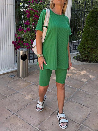 Women's Two-Piece Solid Stretch-Knit Top and Shorts Set – Romilly – view 5