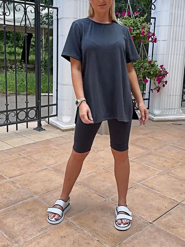 Women's Two-Piece Solid Stretch-Knit Top and Shorts Set – Romilly – Gray