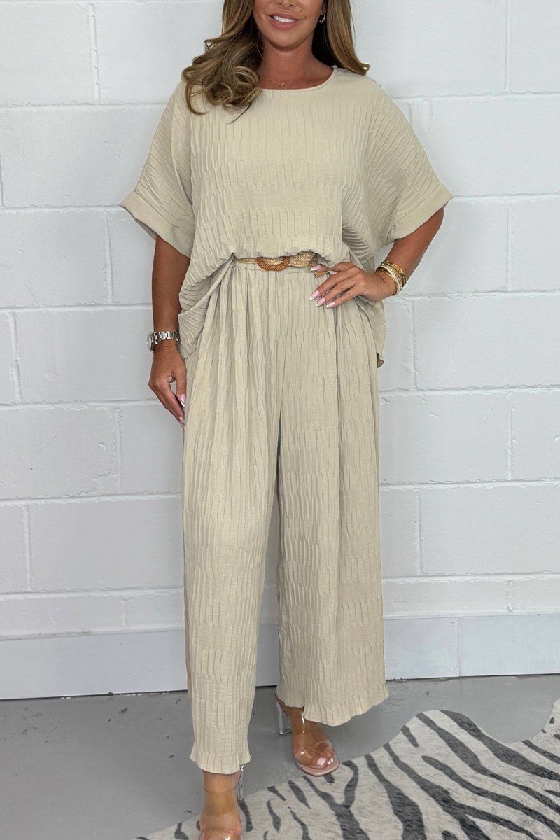 Women's Pleated Top and Belted Pants Set – Aurelia – Beige