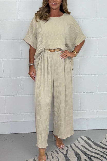 Women's Pleated Top and Belted Pants Set – Aurelia – Beige
