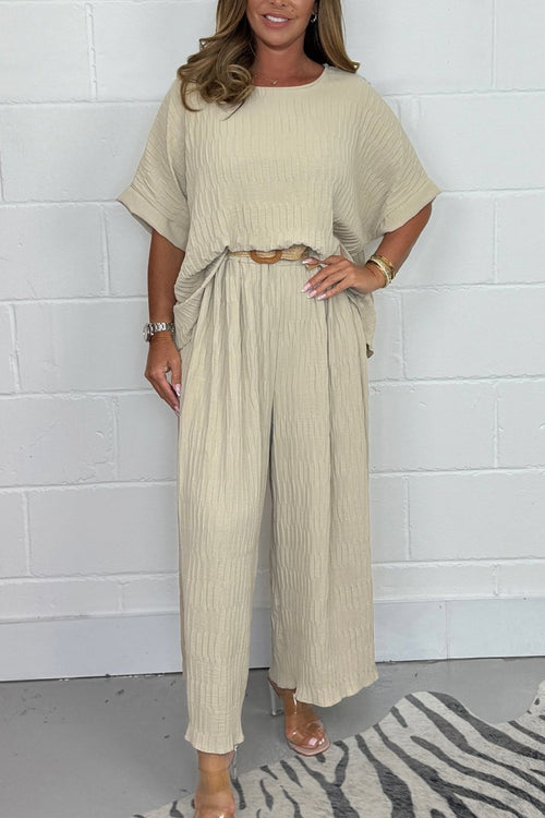 Women's Pleated Top and Belted Pants Set – Aurelia – Beige