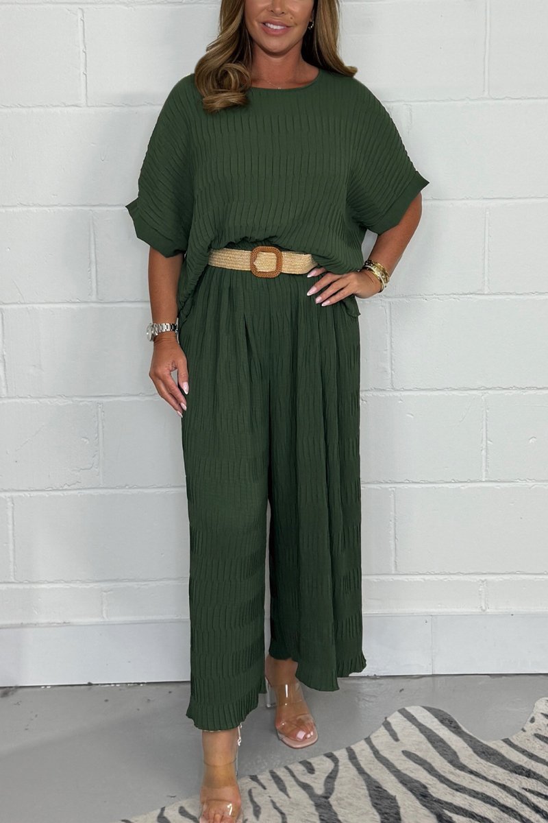 Women's Pleated Top and Belted Pants Set – Aurelia – Military Green