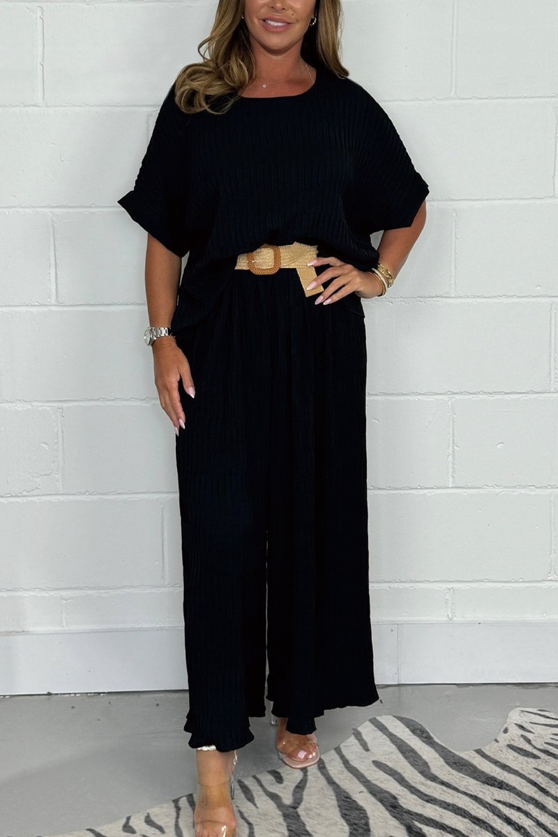 Women's Pleated Top and Belted Pants Set – Aurelia – Black