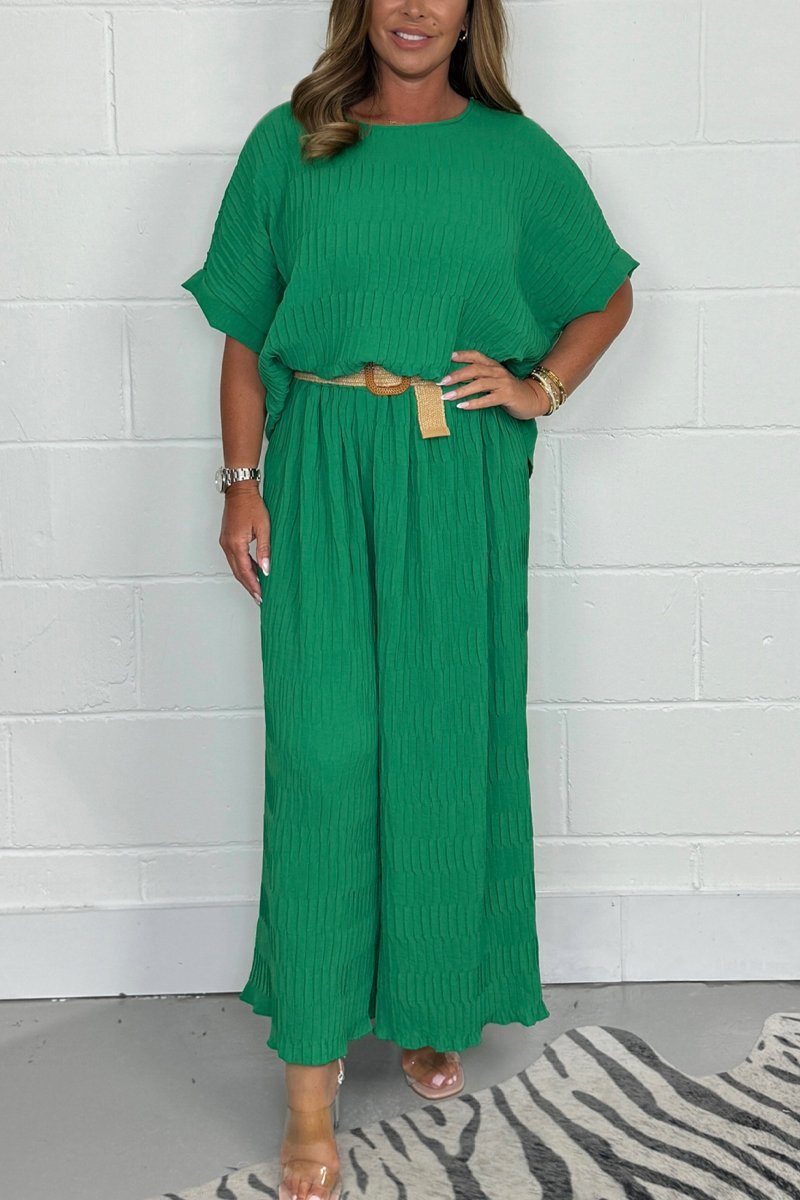 Women's Pleated Top and Belted Pants Set – Aurelia – Green