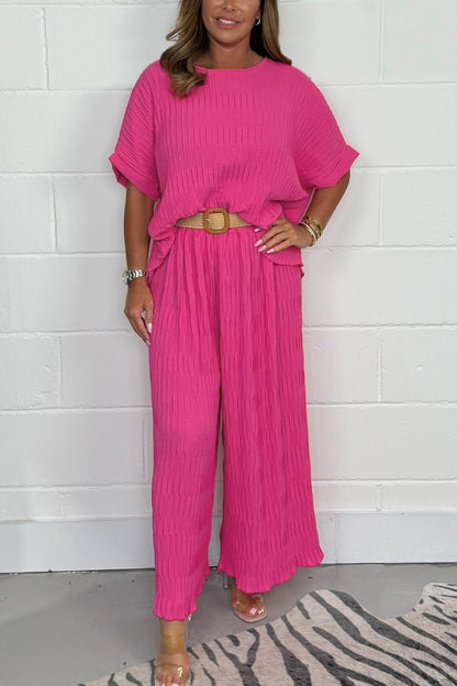 Women's Pleated Top and Belted Pants Set – Aurelia – Pink