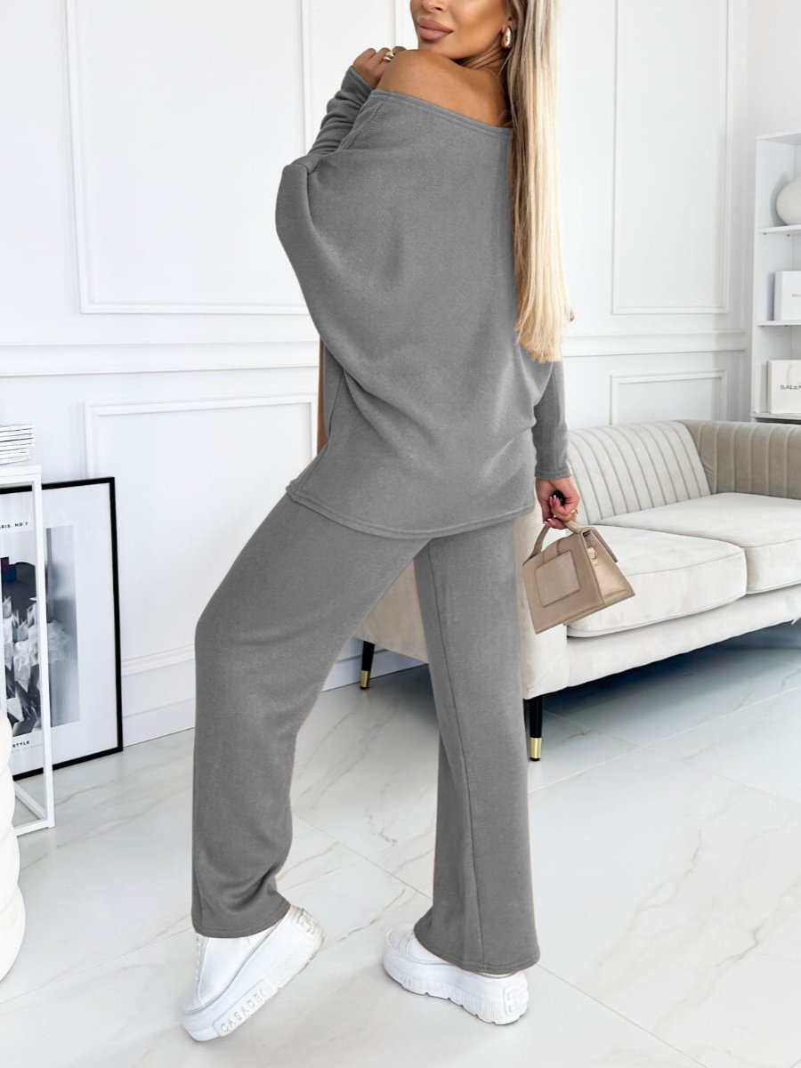 Women's Batwing-Sleeve Top and Solid Wide-Leg Pants Set – Demi – view 6