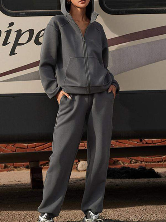 Women's Two-Piece Hooded Long-Sleeve Top and Solid Ankle Pants Set – Lina