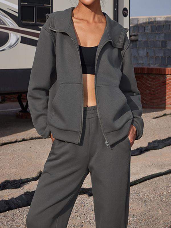 Women's Two-Piece Hooded Long-Sleeve Top and Solid Ankle Pants Set – Lina – Dark Gray