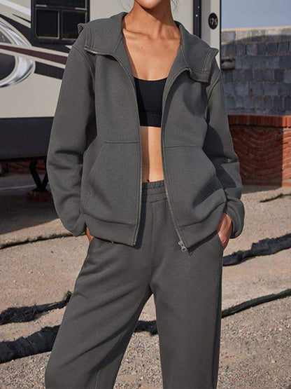 Women's Two-Piece Hooded Long-Sleeve Top and Solid Ankle Pants Set – Lina – Dark Gray
