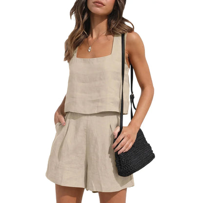 Women's Square-Neck Tank and Shorts Set – Indira – Khaki
