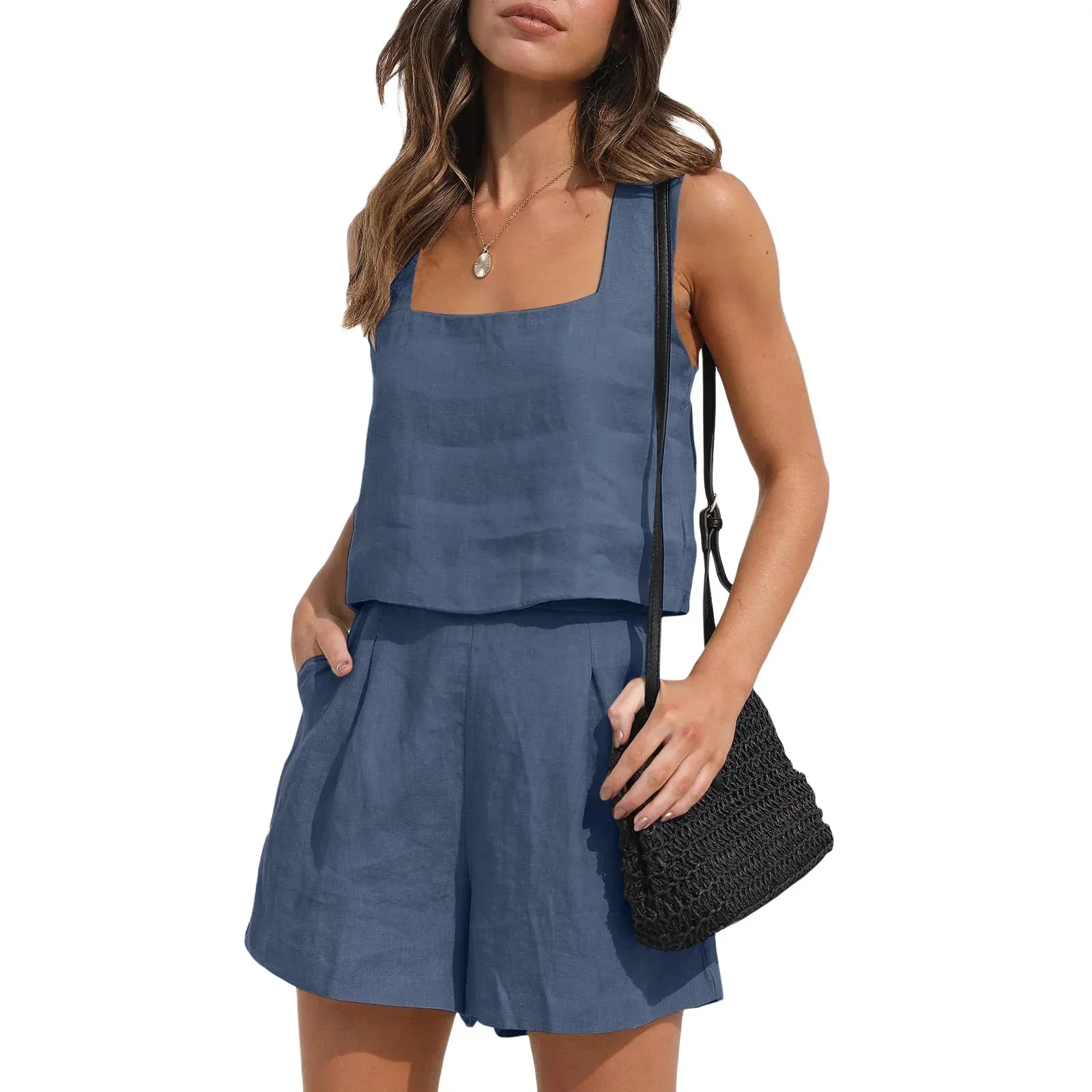 Women's Square-Neck Tank and Shorts Set – Indira – Blue