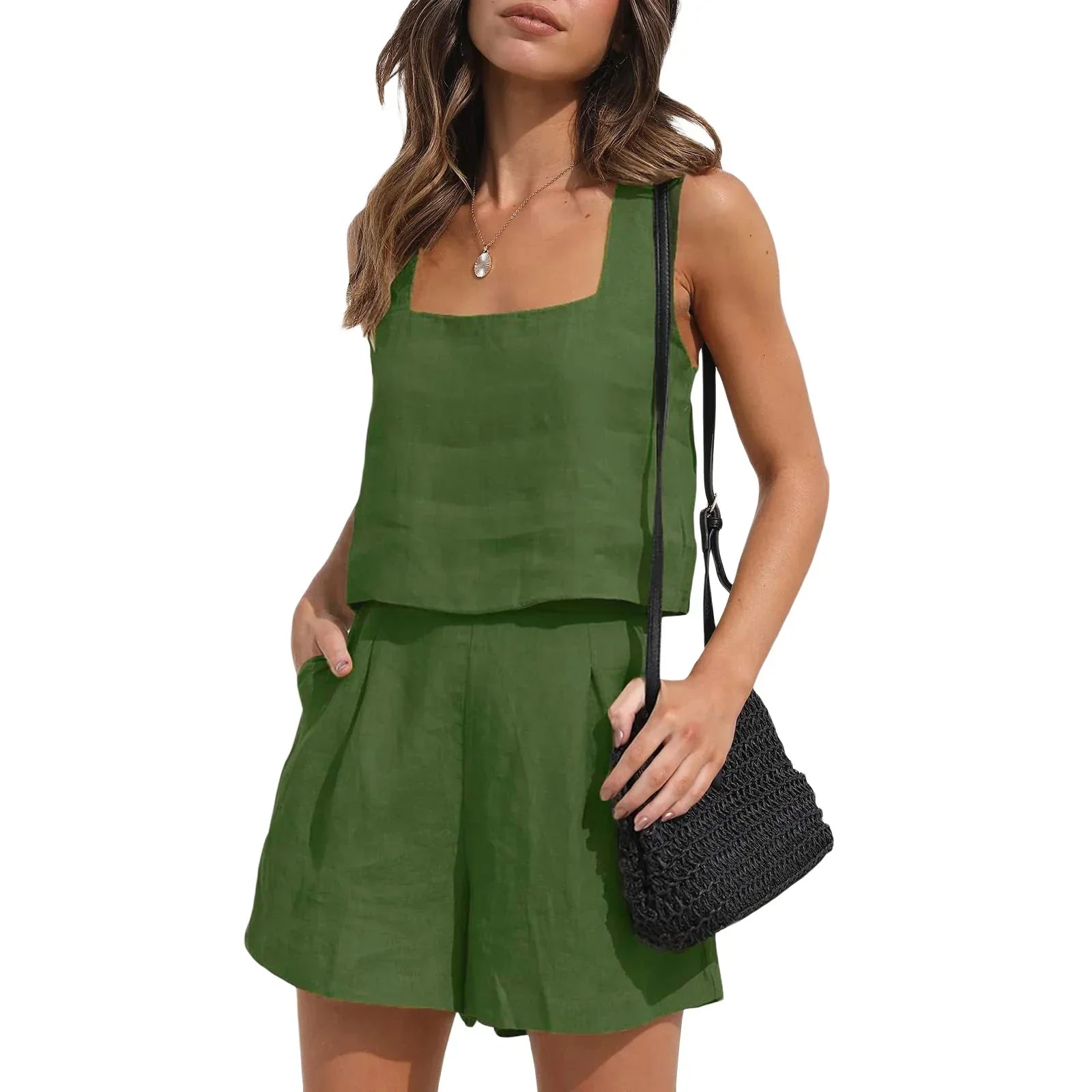 Women's Square-Neck Tank and Shorts Set – Indira – Army Green
