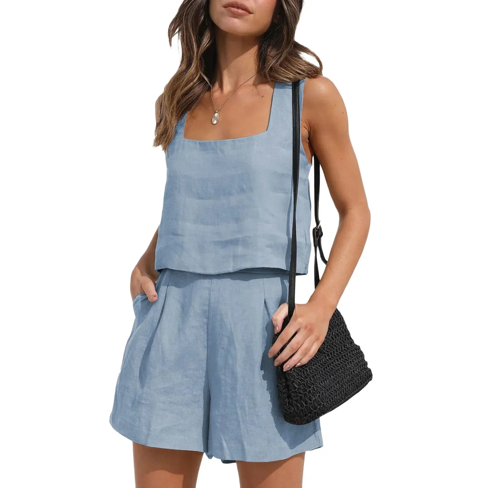 Women's Square-Neck Tank and Shorts Set – Indira – Light Blue