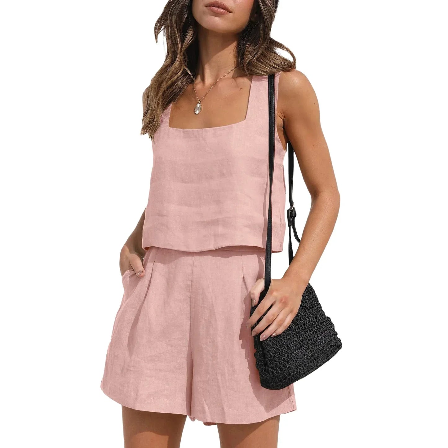 Women's Square-Neck Tank and Shorts Set – Indira – Pink