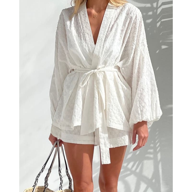 Women's Wrap Shirt and Lace Shorts Set – Cadence – White