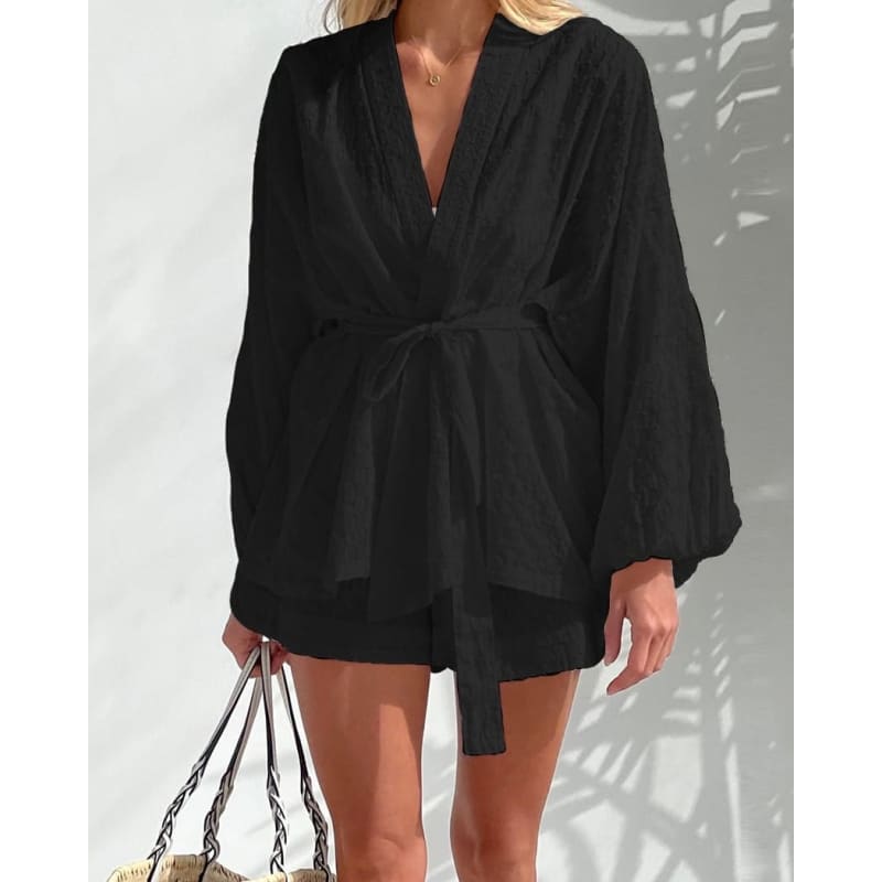 Women's Wrap Shirt and Lace Shorts Set – Cadence – Black