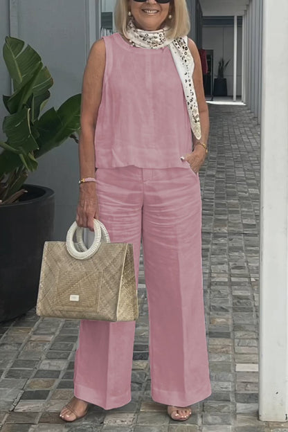 Sleeveless Cotton-Linen Set – Golda – Pink