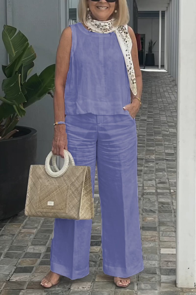 Sleeveless Cotton-Linen Set – Golda – Purple