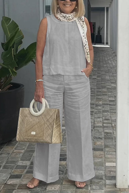 Sleeveless Cotton-Linen Set – Golda – Gray