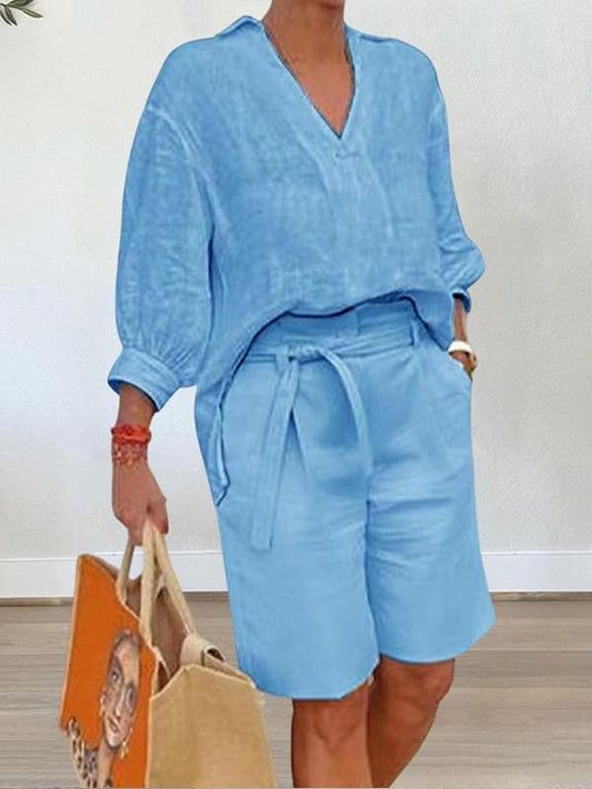 Women's Relaxed Two-Piece Cotton-Linen Set – Margot – Blue