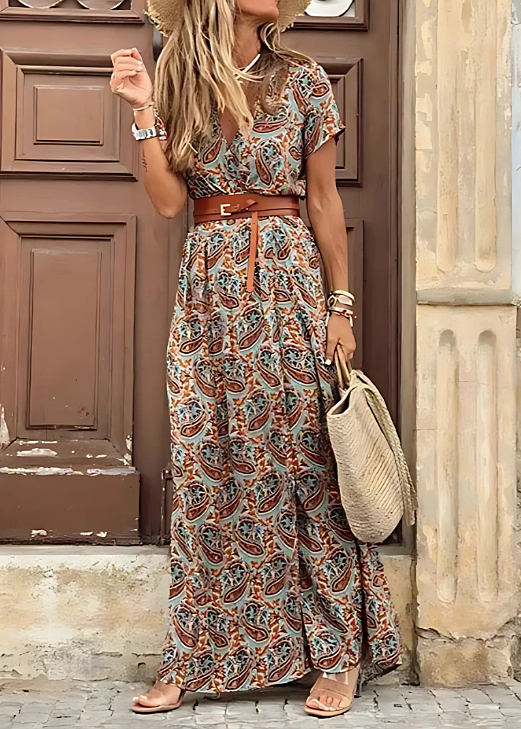 Women's Long Boho Dress with Ruched Waist – Emma – Brown