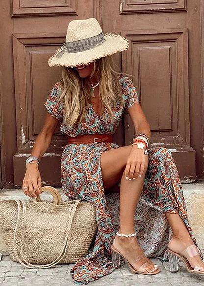 Women's Long Boho Dress with Ruched Waist – Emma