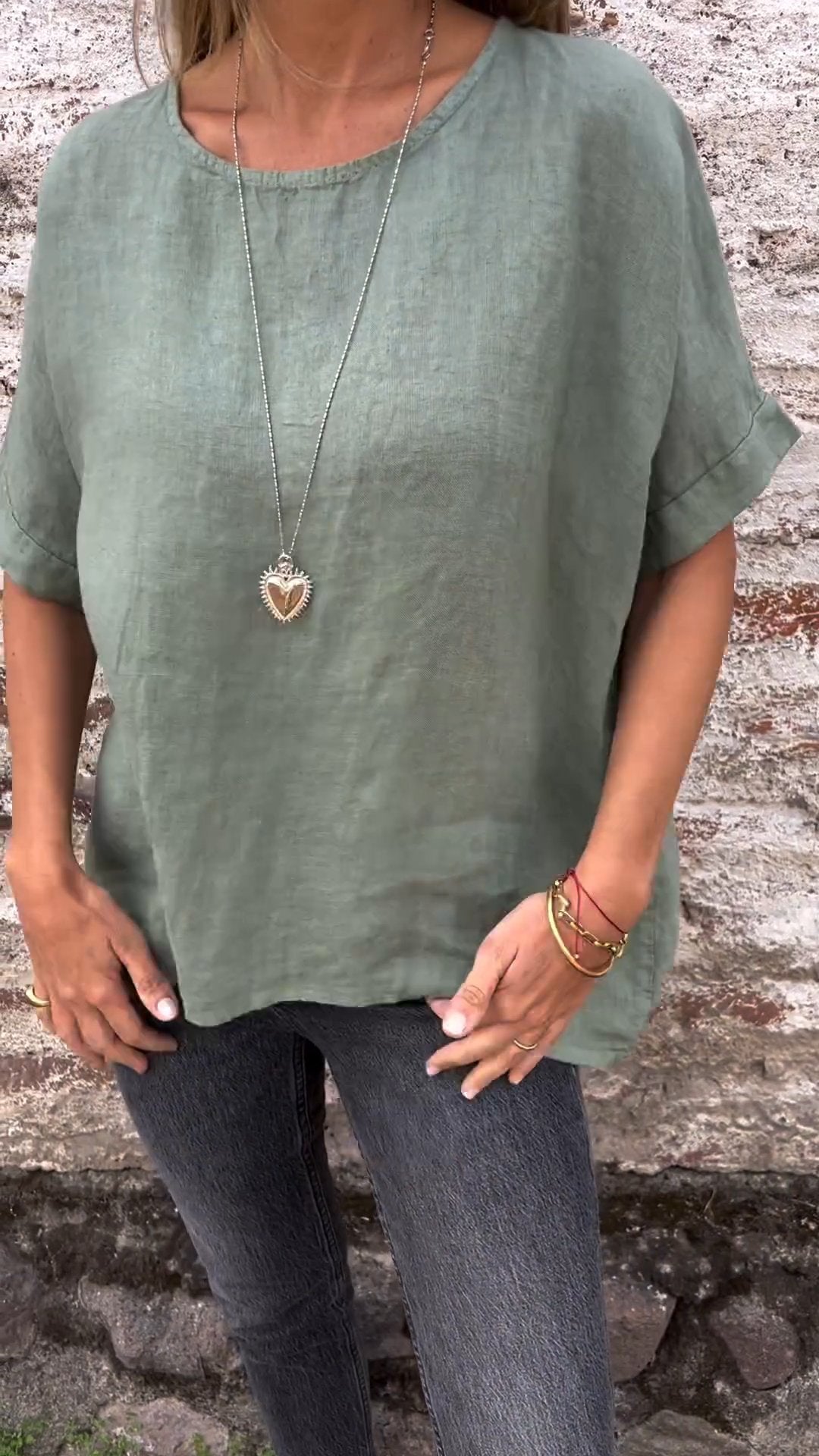 Cotton-Linen Crewneck Tee – Priya – Green