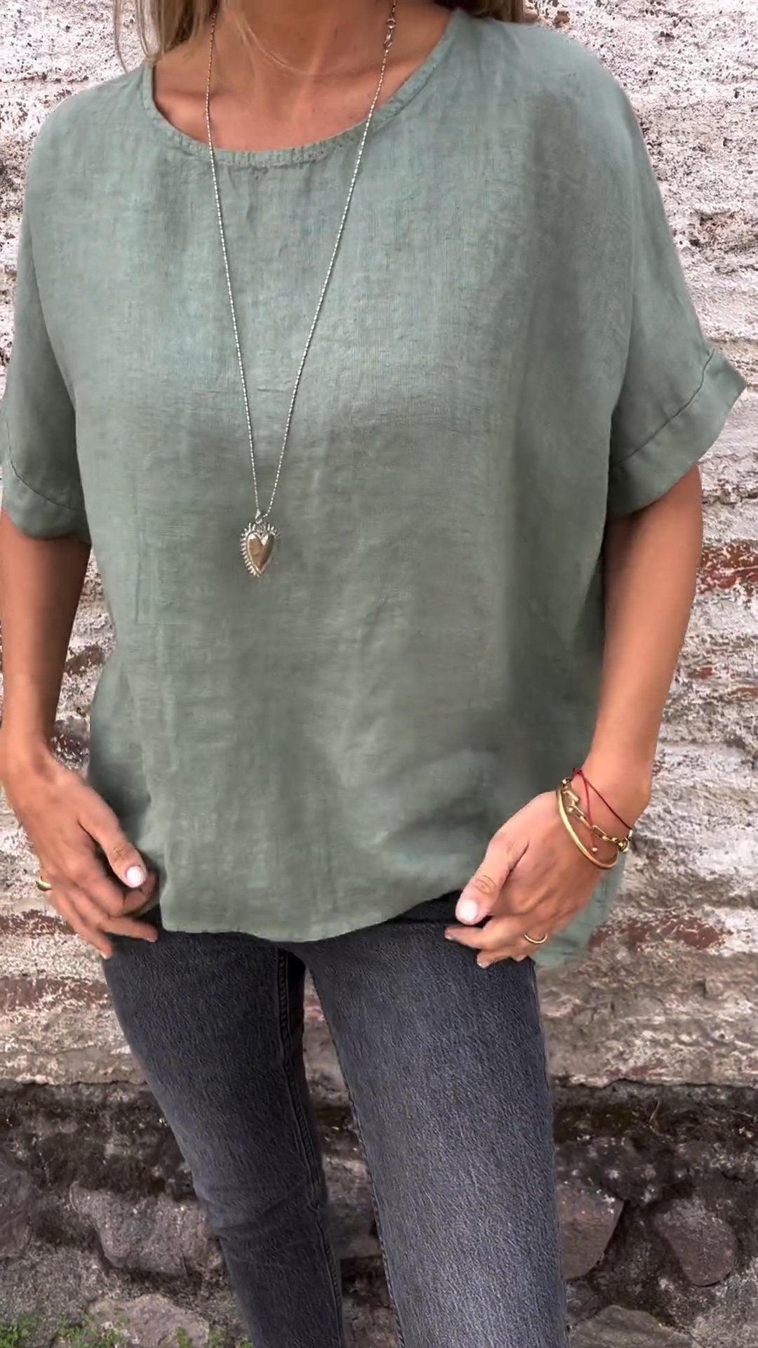 Solid Cotton-Linen Short-Sleeve Crewneck Blouse – Shiloh – view 3